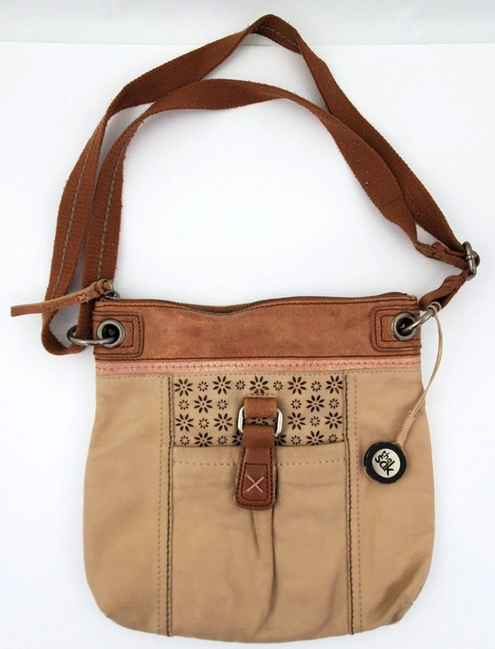 The Sak Kendra Used Khaki/Floral Leather Crossbody/Shoulder Bag Purse
